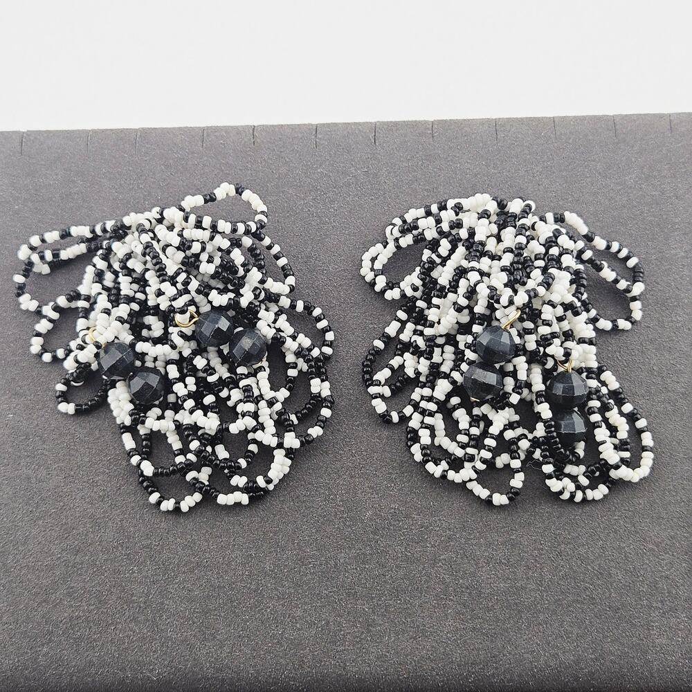 Clip On Beaded Statement Earring Black White Seed Bead Cluster Artsy Whimsical